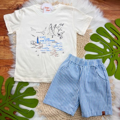 Conj. Camiseta Kind of Summer e Bermuda Listrada - Off White e Azul Bebê